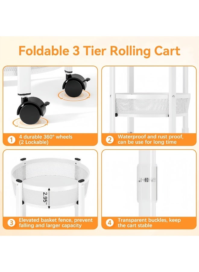BLOOMING TIME 3 Tier Foldable Utility Rolling Cart with 360° Lockable Wheels,Collapsible Metal Storage Organizer Trolley for Kitchen, Bathroom, Office & Home, No Assembly Needed - Image 4